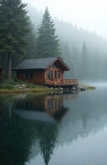 Fototapeta premium Wooden cabin sits by misty lake shore. Tall evergreen trees rise behind house. Calm water reflects building and forest. Serene natural landscape at dawn or dusk.