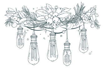 A hand-drawn garland of snowberry and pine with string-hung Edison bulbs and a magical twinkle. This monochrome line art is excellent for web design and crafting unique logos.
