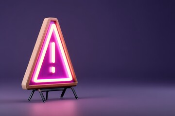 Neon 3D Exclamation Mark concept. Neon warning sign in a triangular shape on a purple background.