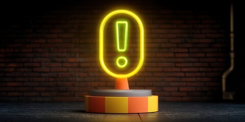 Neon 3D Exclamation Mark concept. Neon exclamation mark illuminated against a brick wall backdrop.