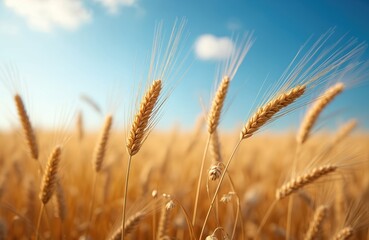 Fototapeta premium Ripe wheat field sways against sunny blue sky. Golden grain ears are ready for harvest. Rural countryside scenery with wheat. Agriculture concept, crop production and organic food industry visual.