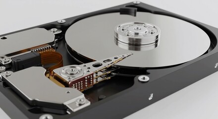 Explore the intricate details of a modern hard drive with its sleek, metallic components, perfect for technology enthusiasts and data storage solutions