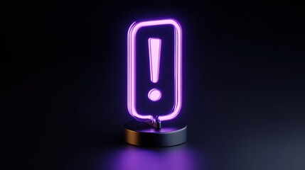 Neon 3D Exclamation Mark concept. Neon exclamation mark sign glowing in dark background.