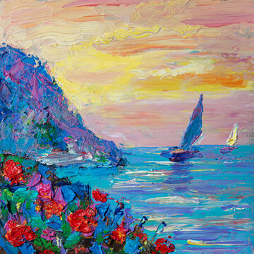 Seascape painting with sailboats at sunset and coastal flowers in impressionist style