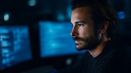 A focused man works on multiple computer screens displaying code in a dark blue lit environment