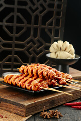 Handmade Chinese Gluten Skewers from Shaanxi Province with Traditional Dumplings and Spices