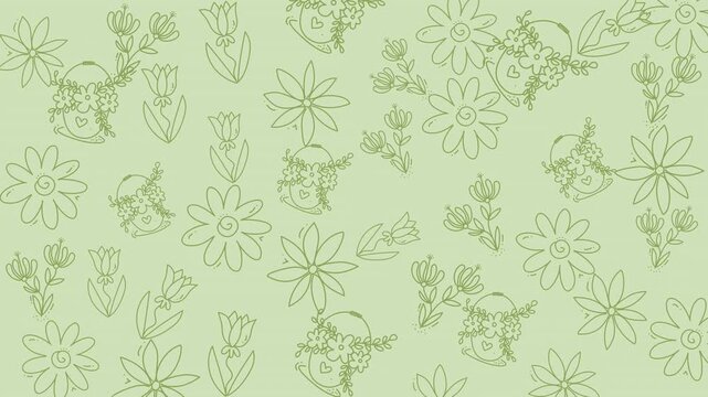 Floral doodle seamless pattern with sketched flowers and easter eggs, ideal for festive designs like stationery, wrapping paper, and textiles.