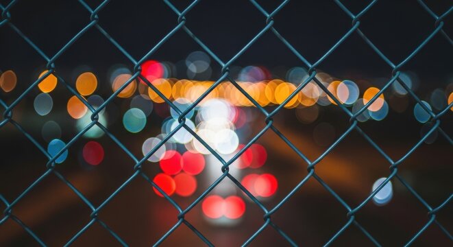 Blurred City Lights Through a Chain-Link Fence at Night