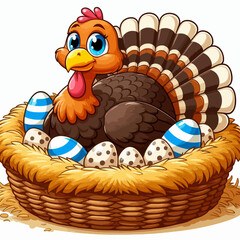 A cartoon turkey sits in a nest with eggs, showcasing a festive and colorful illustration.