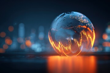 Abstract globe design, financial analysis representation, glowing energy, blurred city backdrop