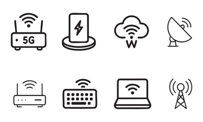 Black and White Icons of Wireless Routers, Charging Pad, Cloud Signal, Satellite Dish, Laptop, and Radio Tower