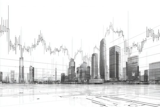 A grayscale illustration merging financial charts with a stylized cityscape, portraying urban economics - Powered by Adobe