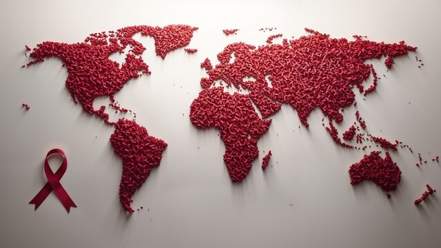 World Map Formed by Red AIDS Ribbons &ndash; Global Unity and Awareness Concept