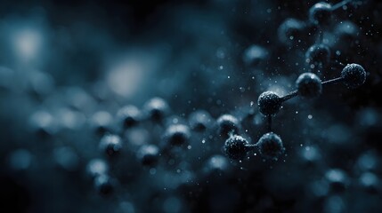 Abstract molecular structure rendered in deep blue and green tones with futuristic bokeh and intricate scientific visualization
