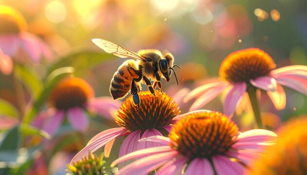 Honeybee on Coneflower in Sunlight. - Powered by Adobe