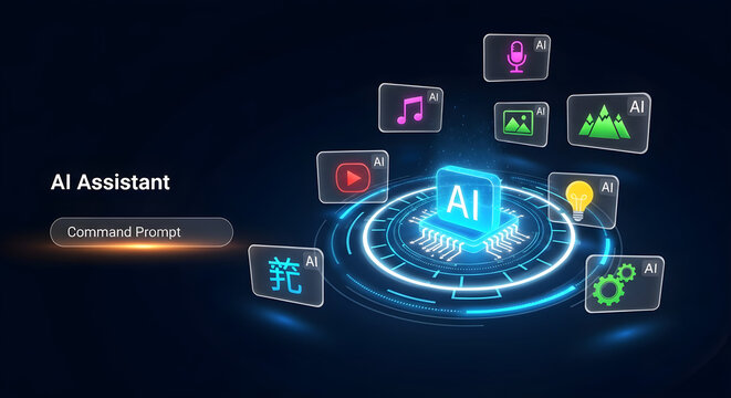 Futuristic concept of a generative AI assistant with a command prompt for creating various types of content.