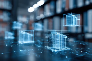 Abstract blue digital display of building schematics with blurred bookshelves in the background