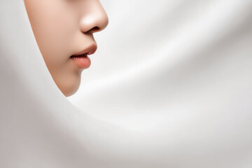 Naklejka premium Minimal studio shot side profile of Japanese woman face with smooth skin, natural makeup, soft lips, and white fabric background, evoking calm and elegance
