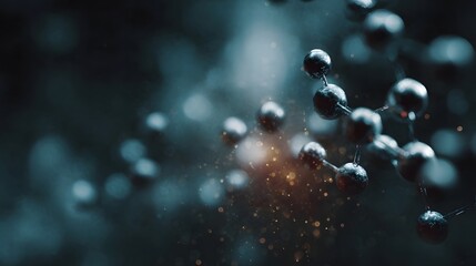 Abstract metallic molecular structure with glowing particles and bokeh