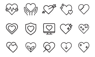Line Icons of Stylized Hearts with Health, Technology, and Emotional Themes