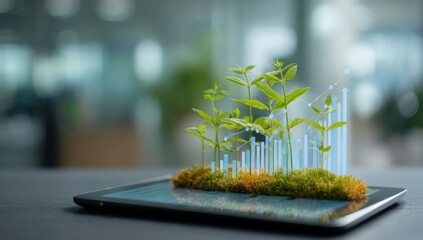 A tablet displays a virtual growing plant with a graph, representing sustainable growth in business