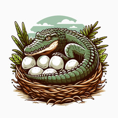 A green mother crocodile protectively curled around her clutch of white eggs in a nest.