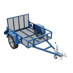 3d rendering of a blue utility trailer with a foldable rack and tire transparent background