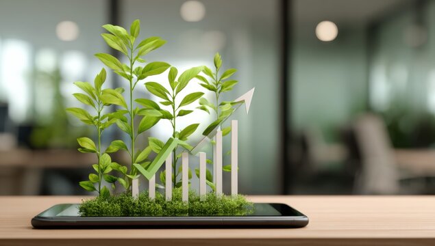 Smartphone displays green growth graph with foliage overlay, blurring office in the background