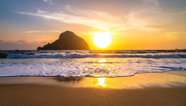 Beach waves and a golden sun setting behind an island