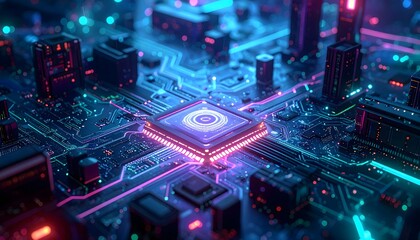 Obraz premium High-tech digital featuring a micro-processor surrounded by glowing traces, vibrant red and blue neon bokeh, futuristic computer hardware