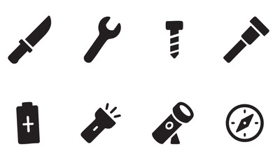 Black Silhouette Icons of Knife, Wrench, Screw, Hammer, Battery, Flashlight, Telescope, and Compass