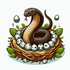 A detailed illustration of a cobra coiled in a nest, surrounded by eggs and foliage.