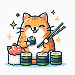 A cute cartoon cat with sushi, holding chopsticks and smiling, surrounded by sushi rolls and nigiri.