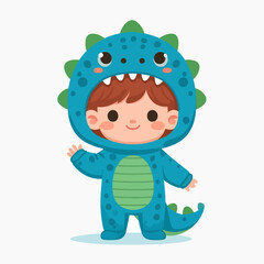 A cute cartoon illustration of a child wearing a blue dinosaur costume, waving.