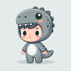 A cute cartoon boy dressed in a gray dinosaur costume with a tail and headpiece.