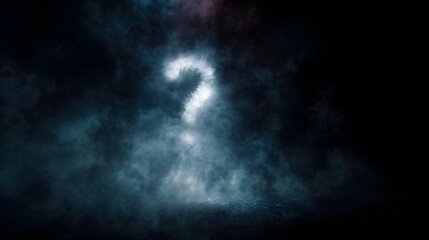 A glowing question mark shrouded in mysterious fog and darkness evoking curiosity and the unknown