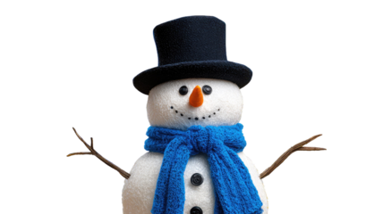 A cheerful snowman with a black top hat, festive winter character symbolizing holiday joy, Christmas celebration and seasonal happiness illustration