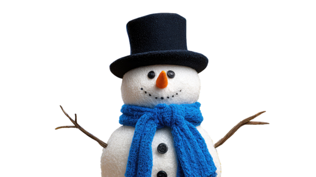 A cheerful snowman with a black top hat, festive winter character symbolizing holiday joy, Christmas celebration and seasonal happiness illustration