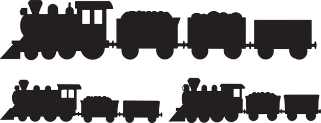 Two distinct black steam train silhouettes with coal cars isolated on white background