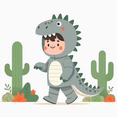 A cute cartoon child dressed in a gray dinosaur costume walks through a desert landscape with cacti.