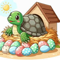Fototapeta premium A cheerful cartoon turtle rests in a nest of hay with many colorful decorated Easter eggs.