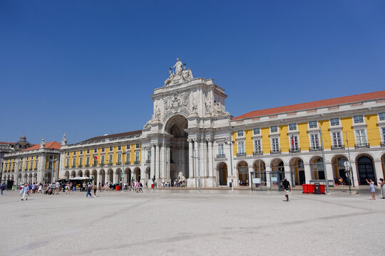 Lisbon, Portugal August 23rd 2025;&nbsp;Pra&ccedil;a do Com&eacute;rcio, where Lisbon opens to the river beneath its triumphant arch.