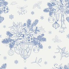 Line art Vintage Christmas seamless pattern, lantern tit birds snowflakes balls bells fir branch holly poinsettia. Blue beige Hand drawn Vector background for design holidays package, wrapping paper © Olha