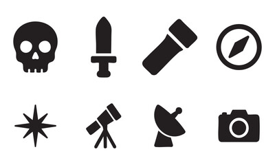 Black Silhouette Icons of Skull, Dagger, Flashlight, Compass, Explosion, Telescope, Satellite Dish, and Camera