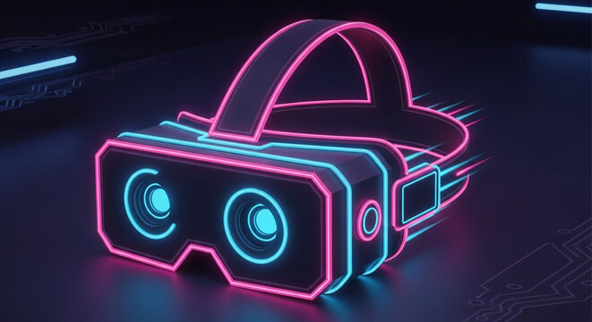 Futuristic vr glasses with neon lights, virtual reality headset for gaming and entertainment, immersive digital experience, and innovative technology