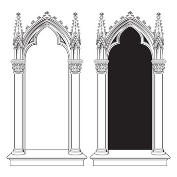 Gothic Arch Window with Ornate Columns and Decorative Architecture Medieval Cathedral Frame Vector Illustration