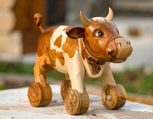 Wooden Cow Toy with Wheels, Handcrafted, Detailed Design.