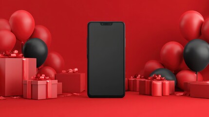 Phone with presents and party balloons,