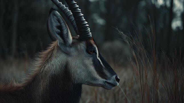 Detailed profile of a sable antelope featuring prominently curved horns, captured amidst tall grasses in its natural habitat. The scene is bathed in dusk's soft, diffused light. 