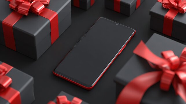 red smartphone with black gift boxes,
